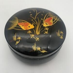 Vintage Black Lacqer Over Porcelain Hand painted Goldfish / Koi Trinket Box